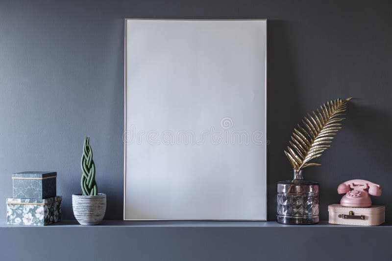 Close-up of mockup of white empty poster in grey living room int stock images