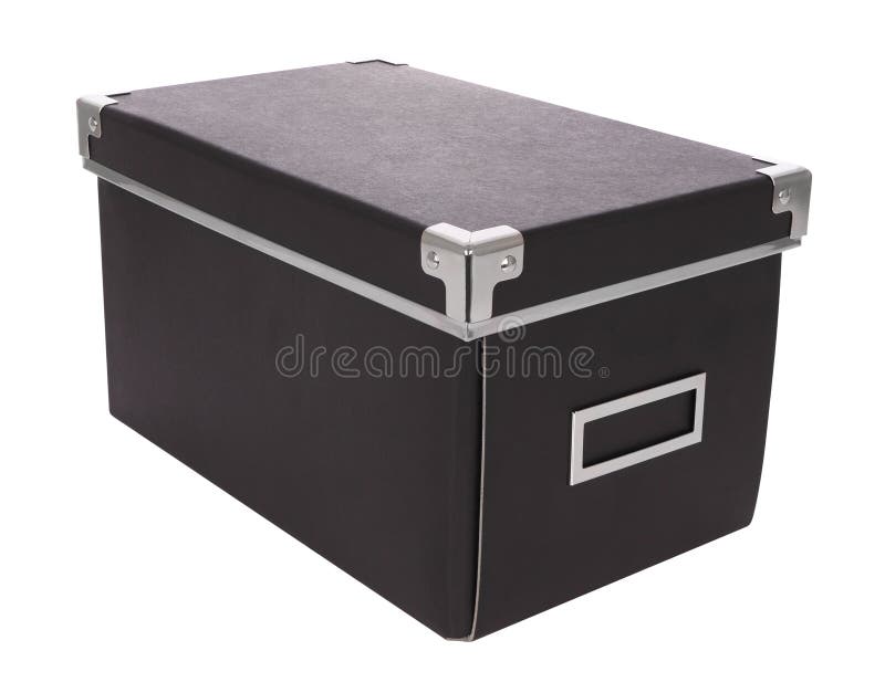 Closed black carton box iron corner. On white background royalty free stock photo