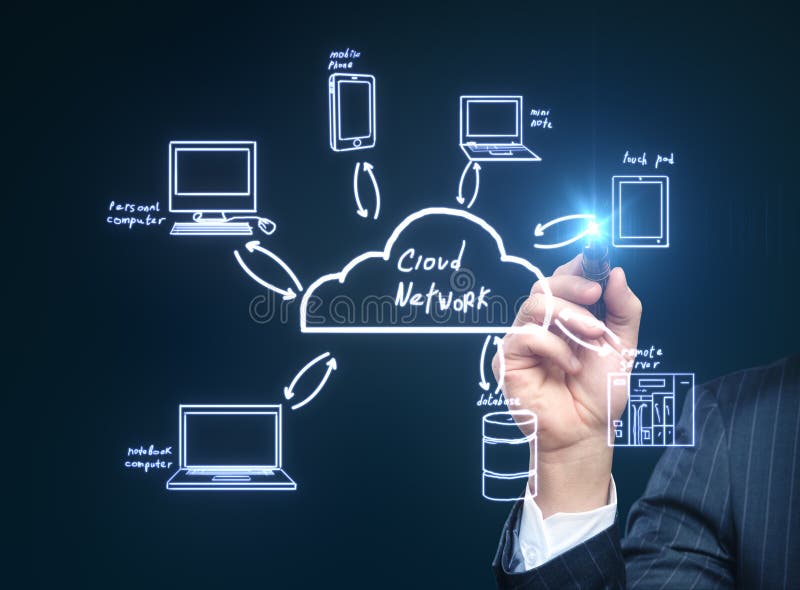 Cloud network server. People drawing cloud network server vector illustration