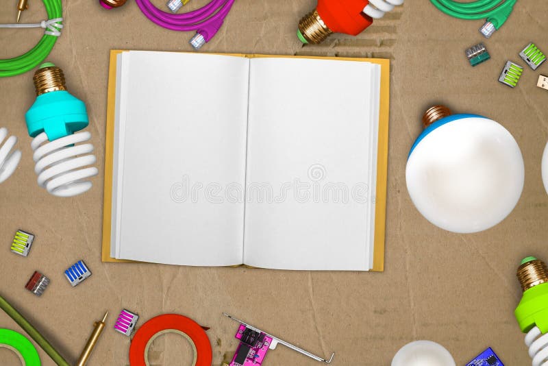 Collage of electric tools on ragged cardboard with blank notebook paper and led light bulbs, soldering iron, pcb stock photography