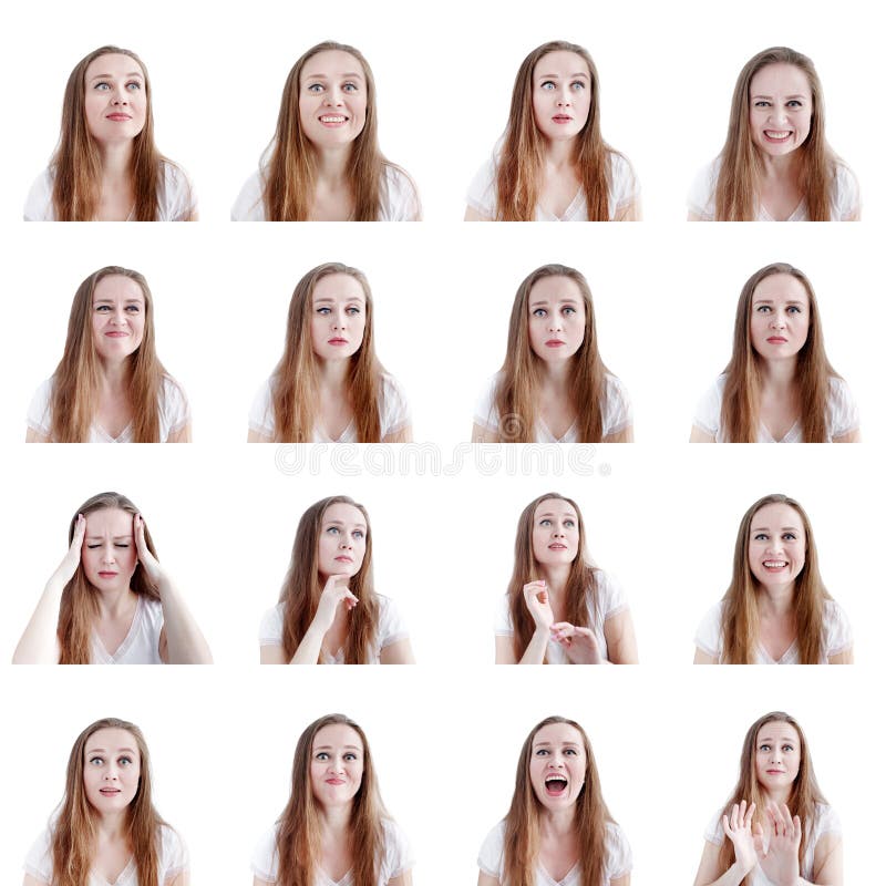 Collage image of sixteen different human emotions and reactions, young attractive caucasian woman headshots stock images