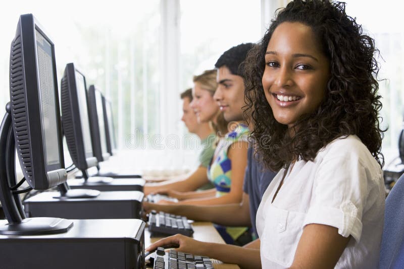 College students in a computer lab royalty free stock photos