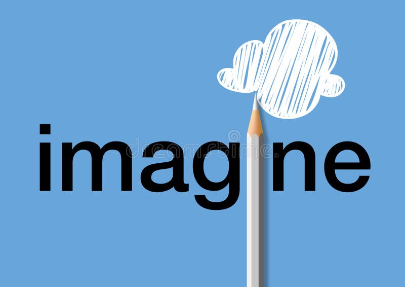 Concept of the imaginative mind with for symbol a colored pencil drawing a cloud. Imagination concept, with the word imagine written in black on a blue royalty free illustration