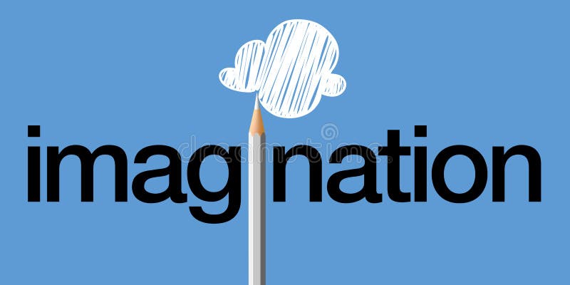 Concept of the imaginative mind with for symbol a colored pencil drawing a cloud. Imagination concept, with the word imagine written in black on a blue royalty free illustration