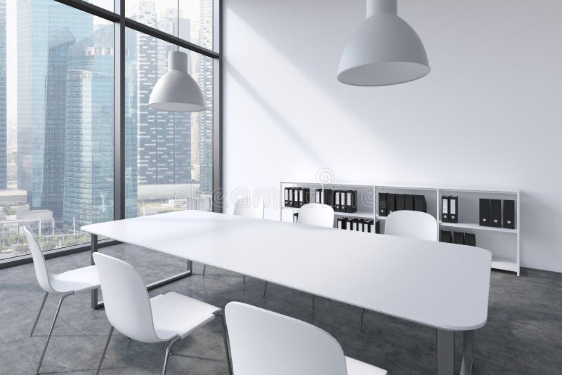 A conference room in a modern panoramic office with Singapore view. White table, white chairs, a bookcase and two white ceiling li vector illustration