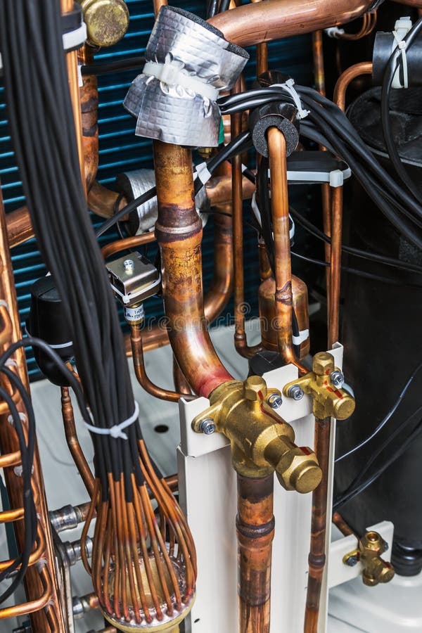 Copper pipeline of a cheating or cooling system stock images
