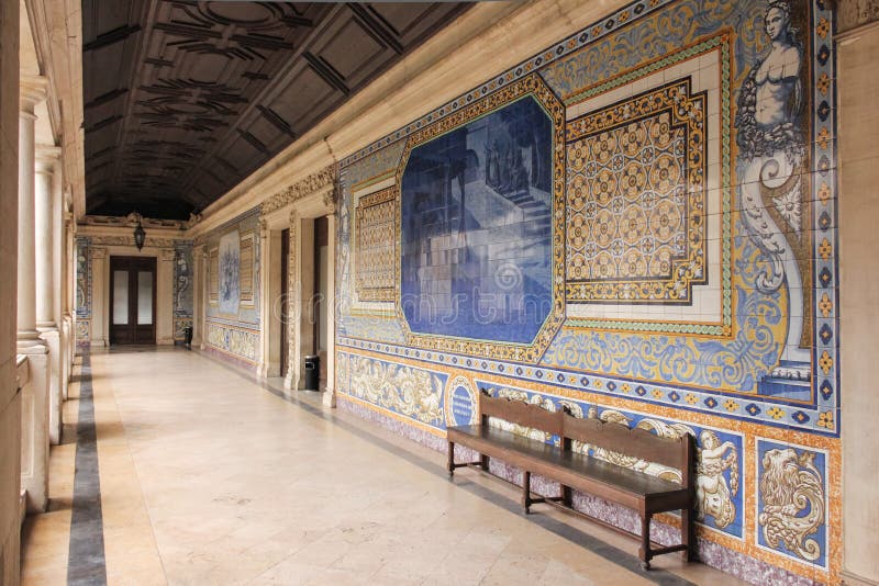 Corridor. College of Sao Tomas. Coimbra. Portugal. College of Sao Tomas. Inner corridor decorated with traditional blue tiles. Coimbra. Portugal stock photos