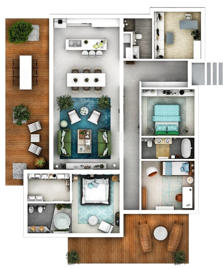 Architectural 3d floor plan top. 3d furnished floor plan of a house with big living dining kitchen three bedrooms office and three bathrooms with one matrimonial royalty free stock photo