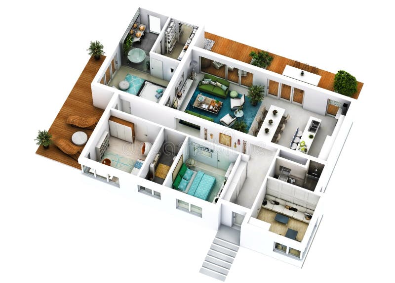 3d floor plan. 3d furnished floor plan of a house with big living dining kitchen three bedrooms office and three bathrooms with one matrimonial dressing royalty free stock image