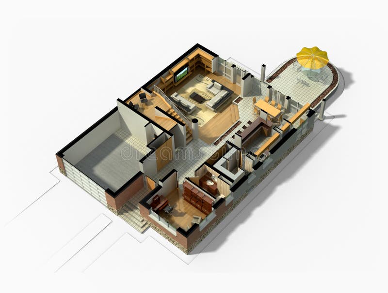 3D Furnished House Interior. 3D rendering of a furnished residential house, with the first floor plan, showing the living room, dining room, foyer, terrace and stock images