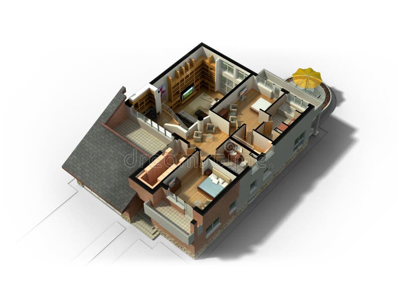 3D Furnished House Interior. 3D rendering of a furnished residential house, with the second floor, showing the staircase, bedrooms, bathrooms and walk-in closets stock images