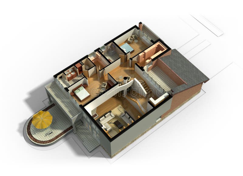 3D Furnished House Interior. 3D rendering of a furnished residential house, with the second floor, showing the staircase, bedrooms, bathrooms and walk-in closets stock images