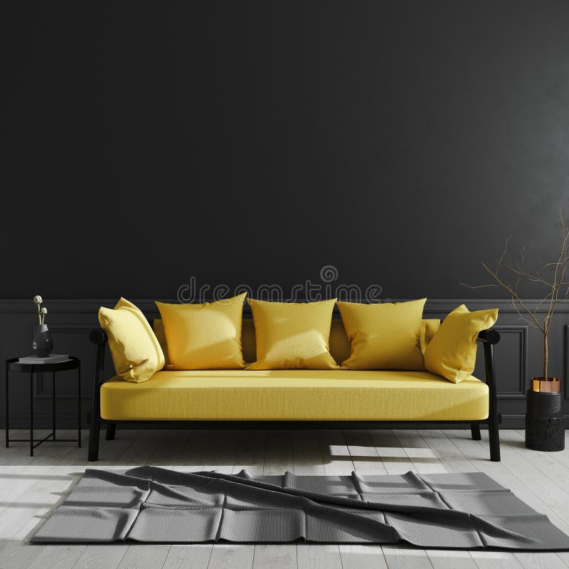 Dark living room interior with yellow sofa mock up, luxury modern living room interior background, black wall, scandinavian style. 3d rendering royalty free illustration