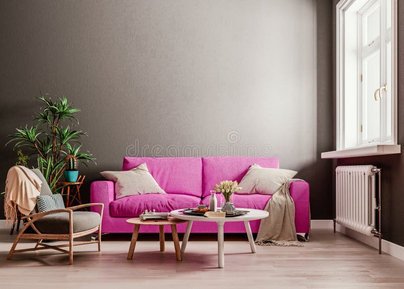 Dark mock up wall with violet purple sofa, two tables and a chair in modern interior background, living room with large window. An radiator, Scandinavian style stock illustration