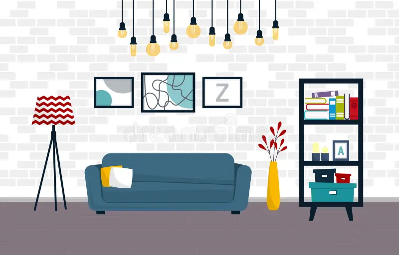 Design of modern interior of living room with brick wall. Room with sofa, shelves, lamp and vase vector illustration