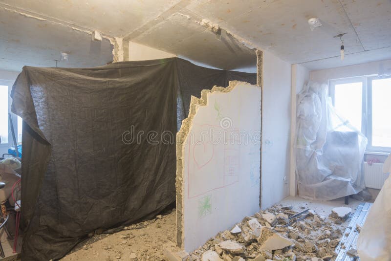 Dismantling part of the wall in apartment, the overall plan royalty free stock images