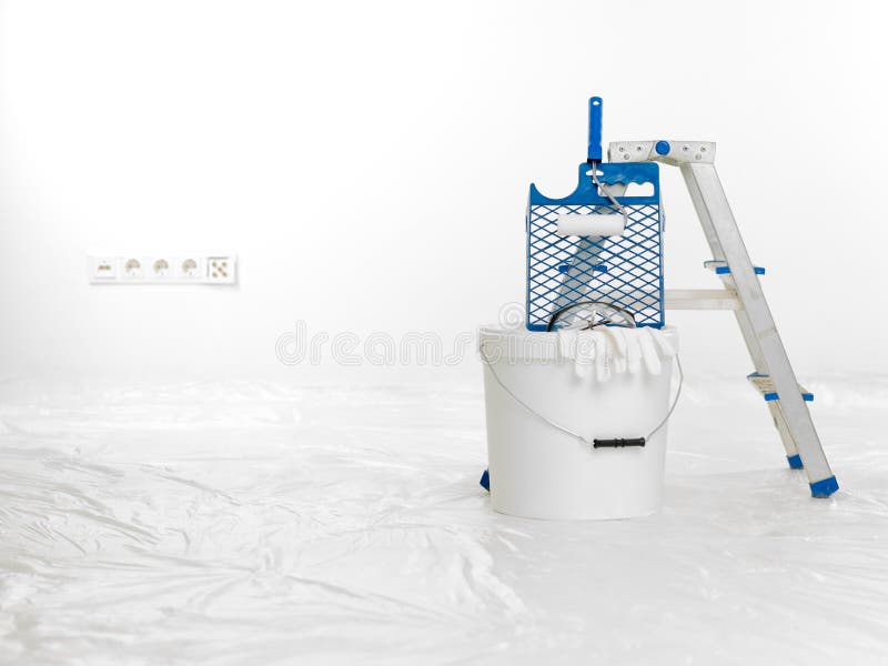 Diy home needs. Construction brush, roller, aluminium ladder. The renovation of the house, home repairs. Construction tools, products. Home repairs, construction royalty free stock images