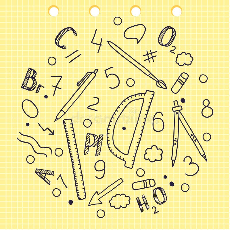 Doodle sketchy. Hand drawing. Set of words and labels. Chemical elements. School appliances. Ruler. Compasses. Pencil. The. Set of school supplies to illustrate stock illustration