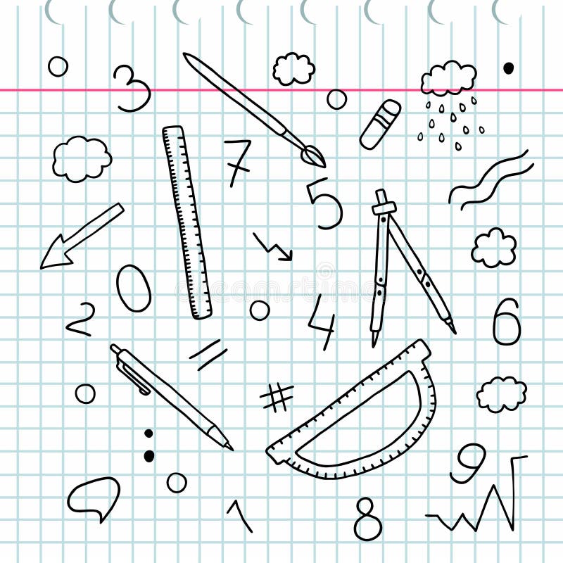 Doodle sketchy. Hand drawing. Set of words and labels. Chemical elements. School appliances. Ruler. Compasses. Pencil. The. Set of school supplies to illustrate stock illustration