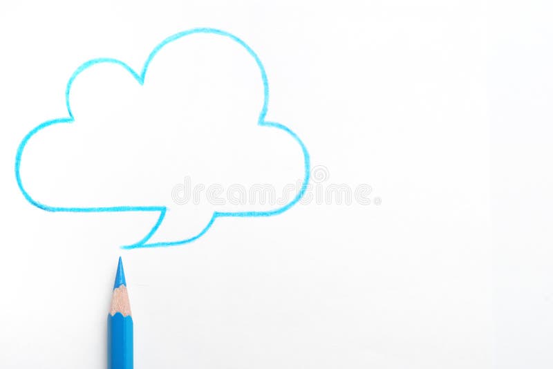 Drawing of cloud and light blue pencil on background, top view. Drawing of cloud and light blue pencil on white background, top view stock illustration