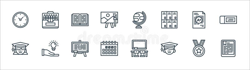 Education line icons. linear set. quality vector line set such as ebook, graduation, calendar, graduation, grade, book, globe,. Pencil crayons sign symbol stock illustration