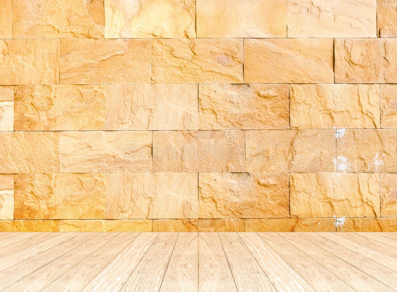 Empty perspective room with sand stone wall and wooden plank flo. Or,Template mock up for display of your product stock photography