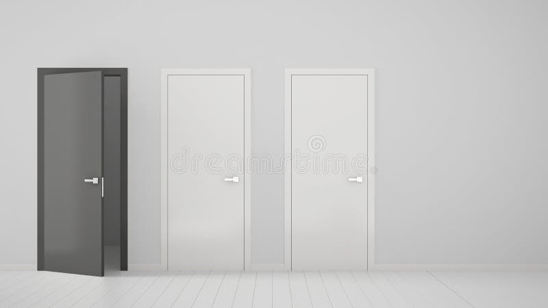Empty room interior design with two white closed doors and one open gray door with frame, wooden white floor. Choice, decision, royalty free stock images