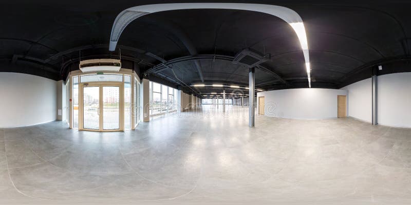 Empty room without repair. full seamless spherical hdri panorama 360 degrees in interior white loft room for office with panoramic. Windows in equirectangular stock image