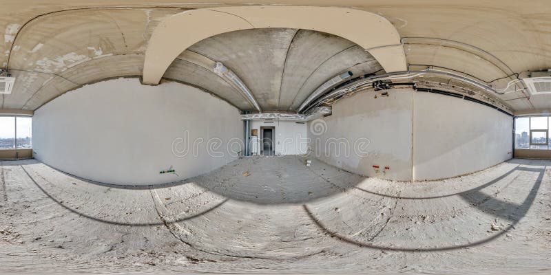 Empty room without repair. full seamless spherical hdri panorama 360 degrees in interior of white loft room for office with. Panoramic windows in royalty free stock photos