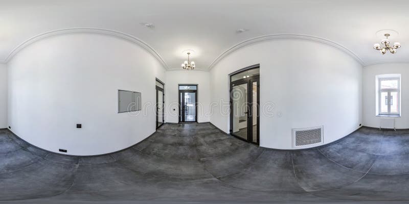 Empty room without repair in old building. full seamless spherical hdri panorama 360 degrees in interior of gray loft room office. With panoramic windows in stock photo