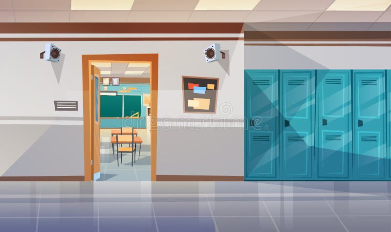 Empty School Corridor With Lockers Hall Open Door To Class Room stock illustration