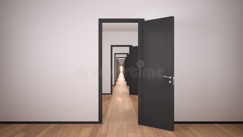 Empty white and gray architectural interior with infinite open doors, endless corridor of doorway, walkaway, labyrinth. Move royalty free stock photos