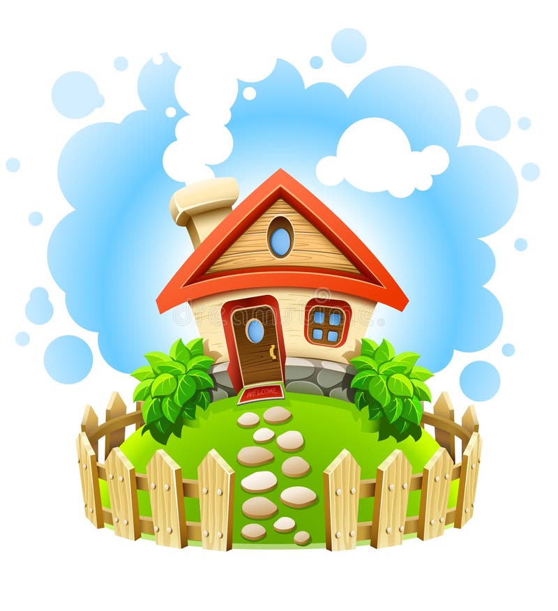 Fairy-tale house in yard with wooden fence. Illustration isolated on white background royalty free illustration