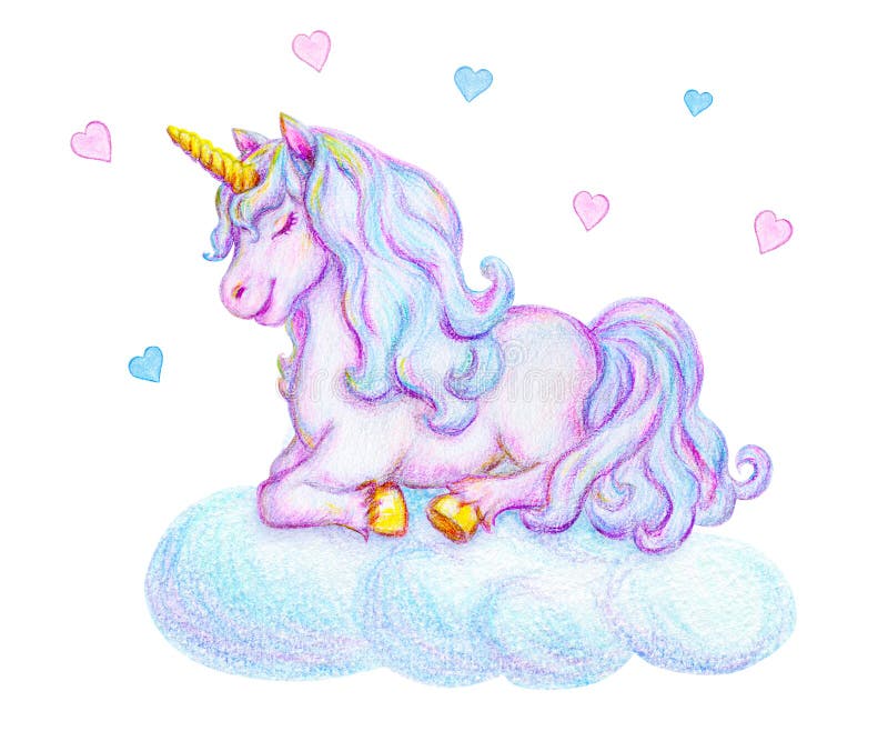 Fantasy watercolor pencil drawing of mythical sleeping Unicorn on cloud against small hearts background. Fantasy watercolor pencil drawing of mythical sleeping stock illustration