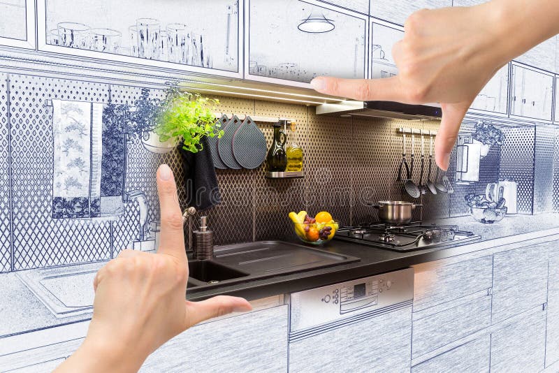 Female hands framing custom kitchen design. royalty free stock images