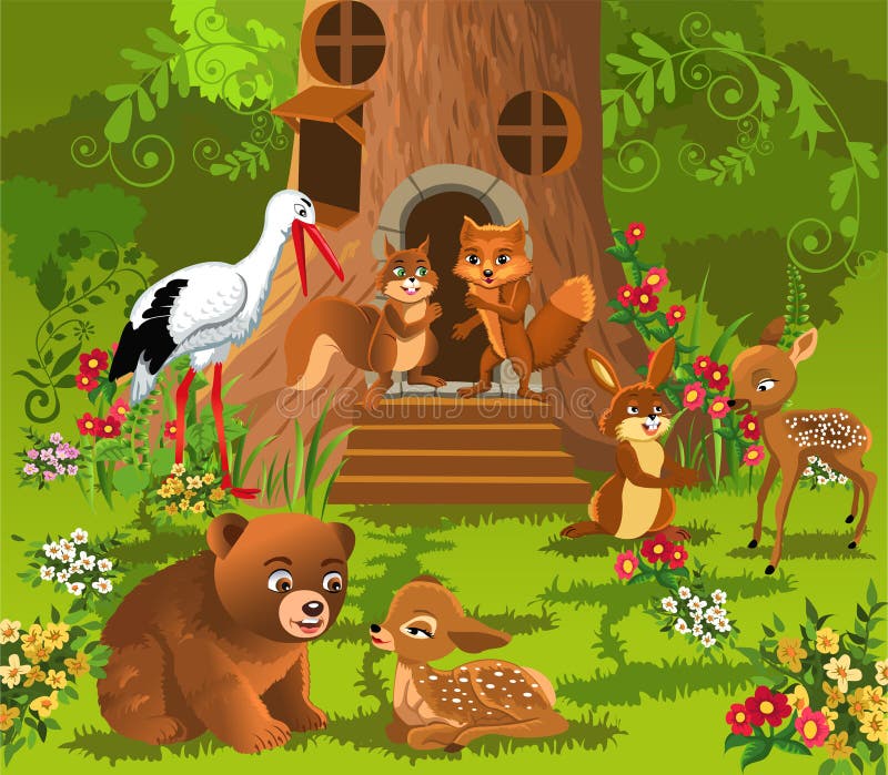 Forest animals living in the tree house royalty free illustration