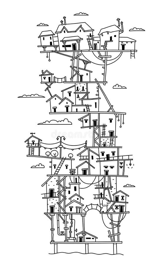Freehand drawing fantasy multilevel bungalow. Multi-storey wooden, house sketch. Exterior cartoon holiday resort. Print. Background. Hand drawn black line. Flat royalty free illustration