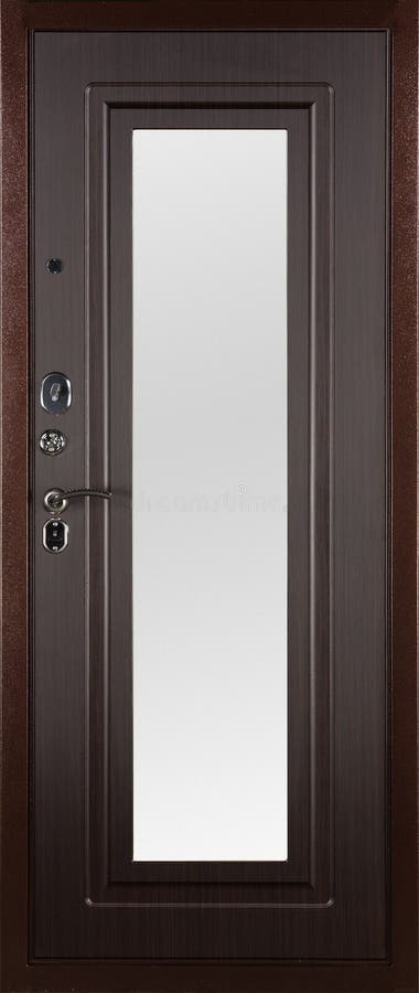 Frontal image of a closed brown door with mirror, isolated on white background royalty free stock photo