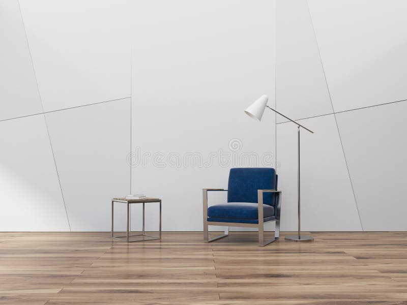 Geometric pattern empty living room, blue armchair royalty free illustration