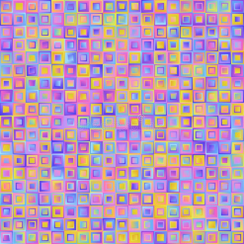 Geometrical Universal Abstract Pastel Gradient Seamless Pattern of Squares of Blue, Lilac, Pink, Violet, Yellow Colors. Delicate Continuous Simple Background stock illustration