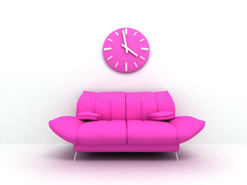 Glamour sofa. Purple sofa and clock in modern interior of a light living room stock photography