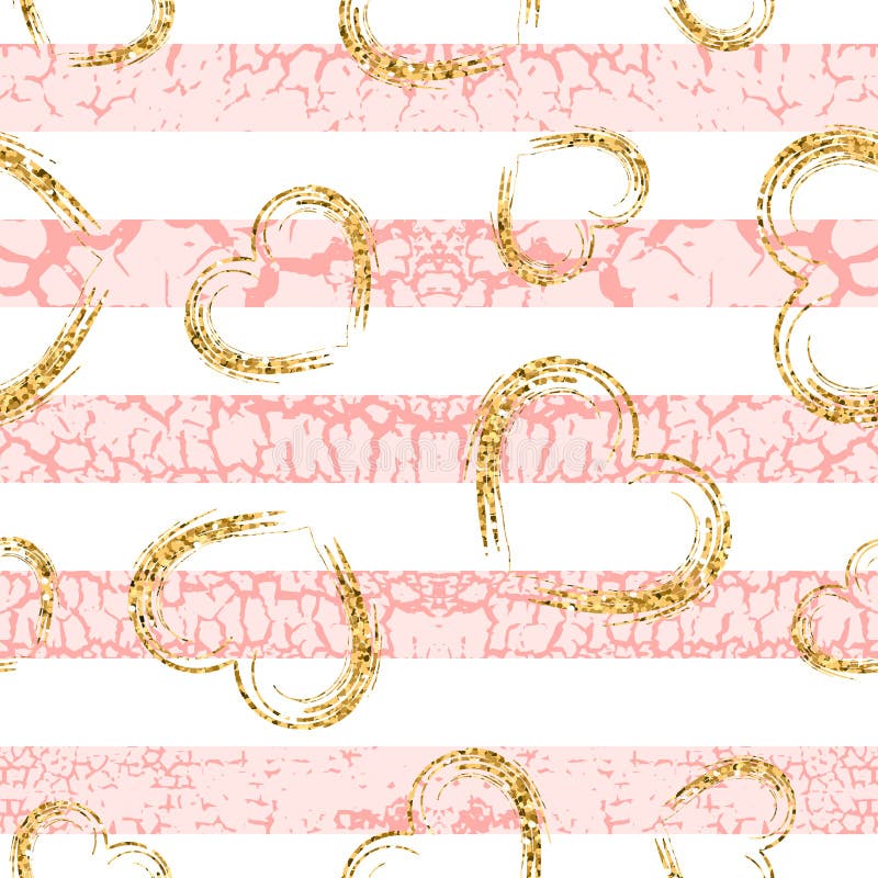 Gold grunge hearts craquelure stripes seamless pattern royalty free illustration