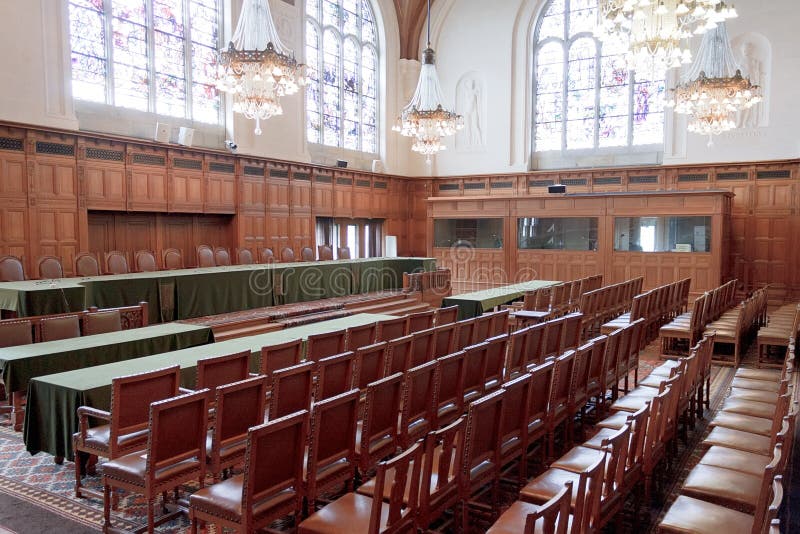 Great Hall of Justice - ICJ Court Room. Hearing Configuration of the Court Room of the International of Justice in The Hague, Netherlands stock image