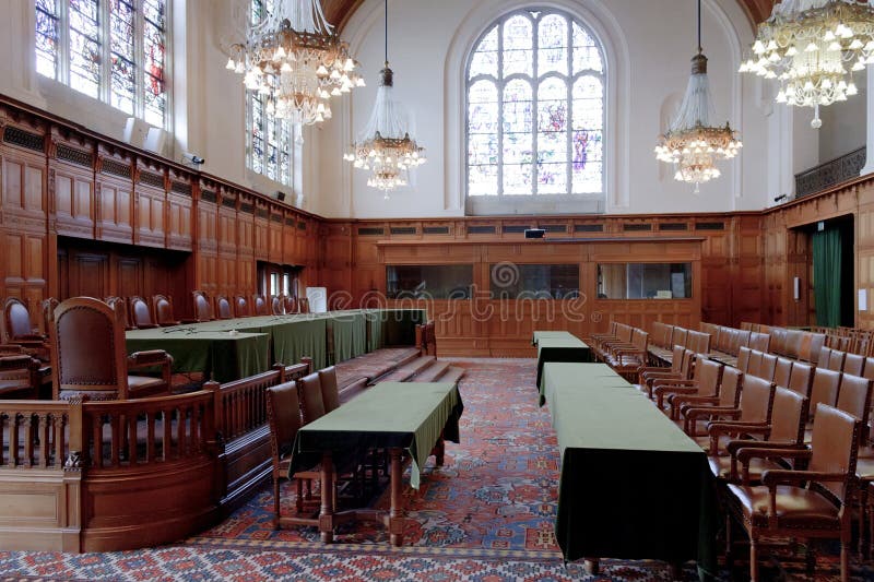 Old Great Hall of Justice - ICJ Court Room. Hearing Configuration of the Old Court Room of the International of Justice in The Hague, Netherlands royalty free stock photography
