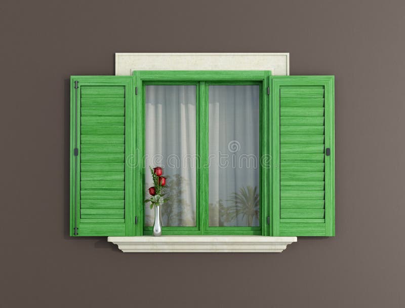 Green wooden window vector illustration