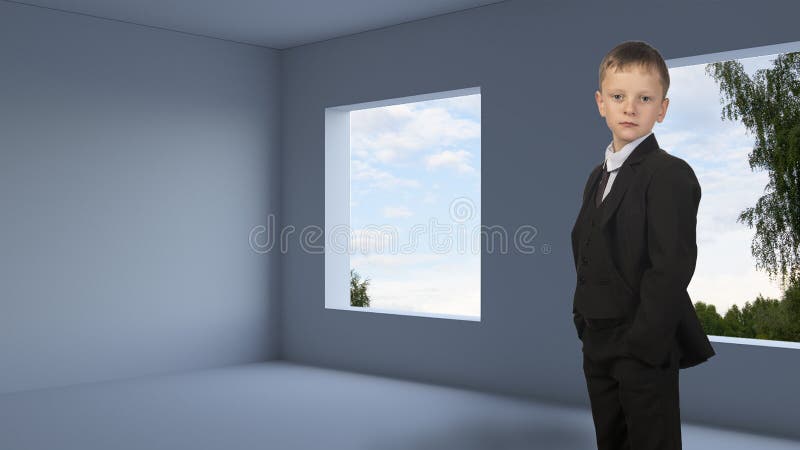 Guy is in an unfinished apartment without windows. Young man in a suit is standing in a room. The room needs to be repaired at its own expense royalty free stock photography