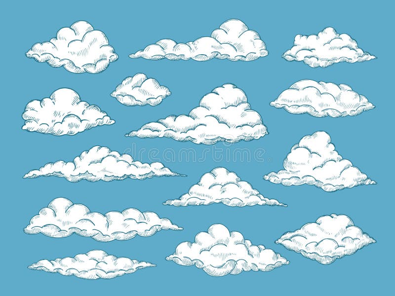 Hand drawn clouds. Pencil sketch sky cloudscape. Outline sketching cloud vintage vector engraved background. Cloudscape drawing, atmosphere doodle sketchy stock illustration