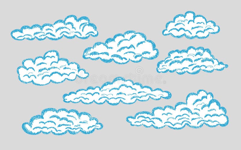 Hand drawn clouds. Pencil sketch sky cloudscape. Outline sketching cloud vintage vector engraved background. Cloudscape drawing, atmosphere doodle sketchy vector illustration