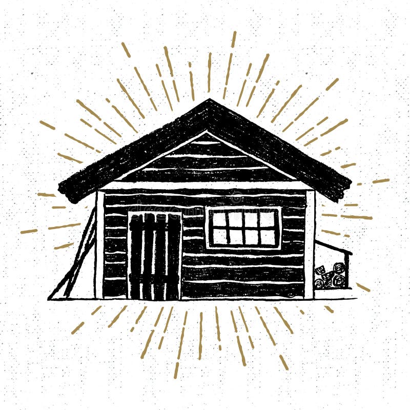 Hand drawn icon with a textured wooden cabin vector illustration.  vector illustration