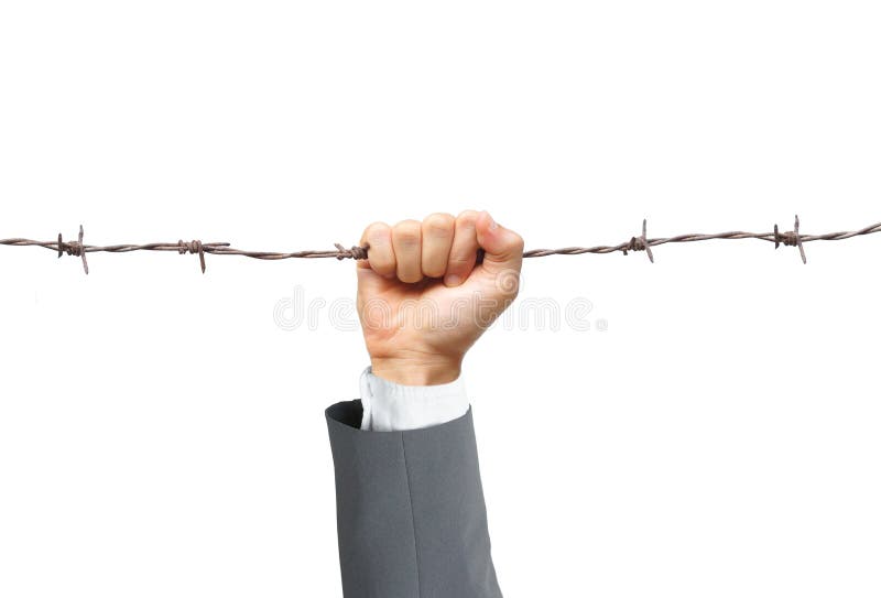 Hand holding a barbed wire. Hand of a businessman holding on a barbed wire - Business risk concept royalty free stock photos